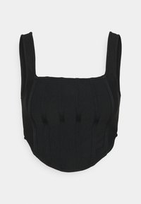 Černý crop top s širokými ramínky, který má vertikální švy a přiléhavý design. Vyroben z texturovaného materiálu pro zvýšenou strukturu.