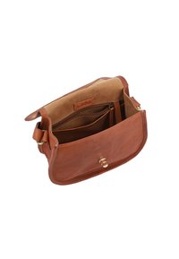 Hnedá kožená crossbody taška s pevnou konštrukciou a zlatými kovovými doplnkami. Obsahuje jeden priestor s vnútornými vreckami a magnetickým uzáverom.