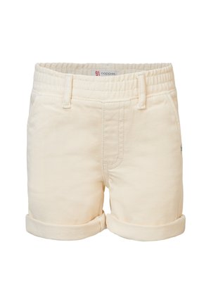 Shorts en denim beige clair avec un ourlet retroussé, une taille élastique, des poches avant et des détails brodés. Texture lisse et design décontracté.