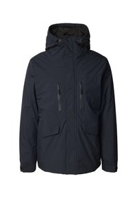 Marineblå isoleret jakke med hætte, to forreste lynl�åslommer og justerbare manchetter. Fremstillet af vandafvisende stof med en glat tekstur.