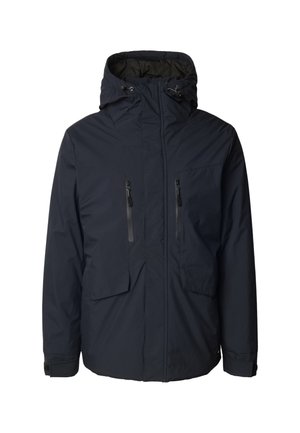 Giacca isolata blu navy con cappuccio, due tasche frontali con zip e polsini regolabili. Realizzata in tessuto resistente all'acqua con una texture liscia.