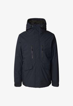 Giacca isolata blu navy con cappuccio, due tasche frontali con zip e polsini regolabili. Realizzata in tessuto resistente all'acqua con una texture liscia.