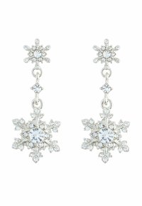 Pendientes en tono plateado con forma de copo de nieve, decorados con cristales claros, diseño intrincado con formas superpuestas y un patrón colgante.