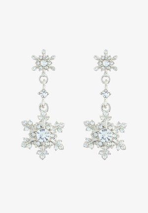 Boucles d'oreilles en argent représentant des flocons de neige, ornées de cristaux transparents, avec un design complexe composé de formes superposées et un motif pendentif.