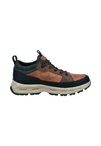 Niedrig geschnittene Freizeitsneaker aus braunem Leder, schwarzen Akzenten, grauem Strickkragen, Schnürung an der Vorderseite und beigem gepolstertem Schuhsohle mit Profil.