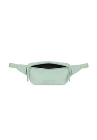 Pochette di colore verde chiaro, con una consistenza morbida e chiusura con zip, dotata di una piccola etichetta con logo. Presenta due tracolle, forma arrotondata e rivestimento interno nero.
