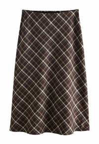 Brown plaid skirt, knee-length with a smooth texture, features intersecting lines in cream and shades of brown. Classic A-line design.