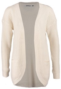 Cardigan tricoté couleur crème, ouvert sur le devant, manches longues et poches avant, avec des motifs de points texturés.