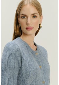 Jasnoniebieski kardigan z miękkiej, teksturowanej tkaniny z okrągłym dekoltem i pięcioma metalowymi guzikami. Posiada ribbowe akcenty na rękawach.