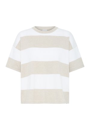 Béžové a biele široké horizontálne pruhované tričko s krátkym rukávom a okrúhlym výstrihom, zobrazené na bielom pozadí.
