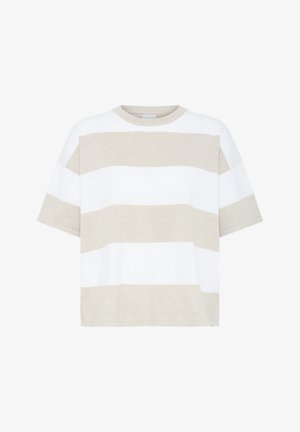 Béžové a biele široké horizontálne pruhované tričko s krátkym rukávom a okrúhlym výstrihom, zobrazené na bielom pozadí.