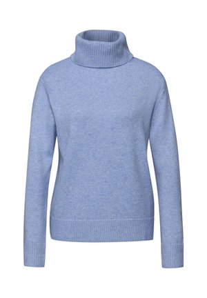 Jasnoniebieski golf wykonany z miękkiego materiału, z długimi rękawami, ściągaczami na mankietach i gładką fakturą. Bez wzorów ani ozdób.