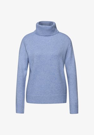 Jasnoniebieski golf wykonany z miękkiego materiału, z długimi rękawami, ściągaczami na mankietach i gładką fakturą. Bez wzorów ani ozdób.