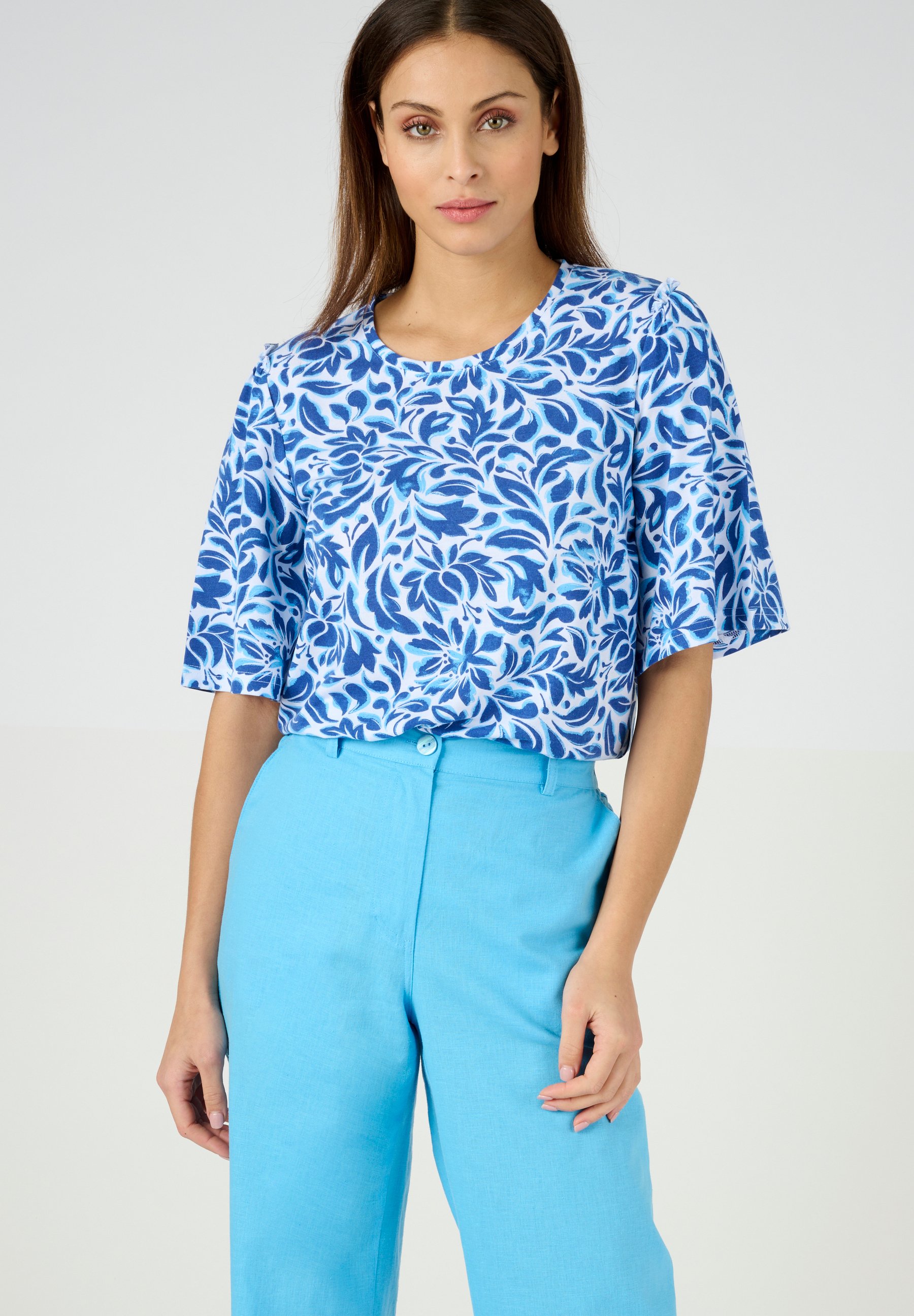 T-shirt Damart Femme - Imprimé Feuillages Bleu, 100% Coton, Coupe Standard
