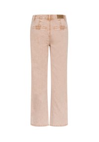 Gaiši rozā džinsa bikses ar taisnu kāju dizainu, divām muguras kabatām un zīmola etiķeti pie jostasvietas.