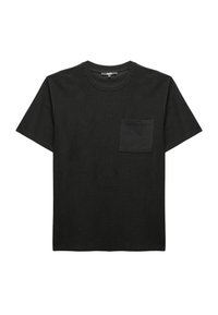 Sort bomulds t-shirt med rund hals, korte ærmer og en enkelt brystlomme. Blød, glat tekstur og minimalistisk design.