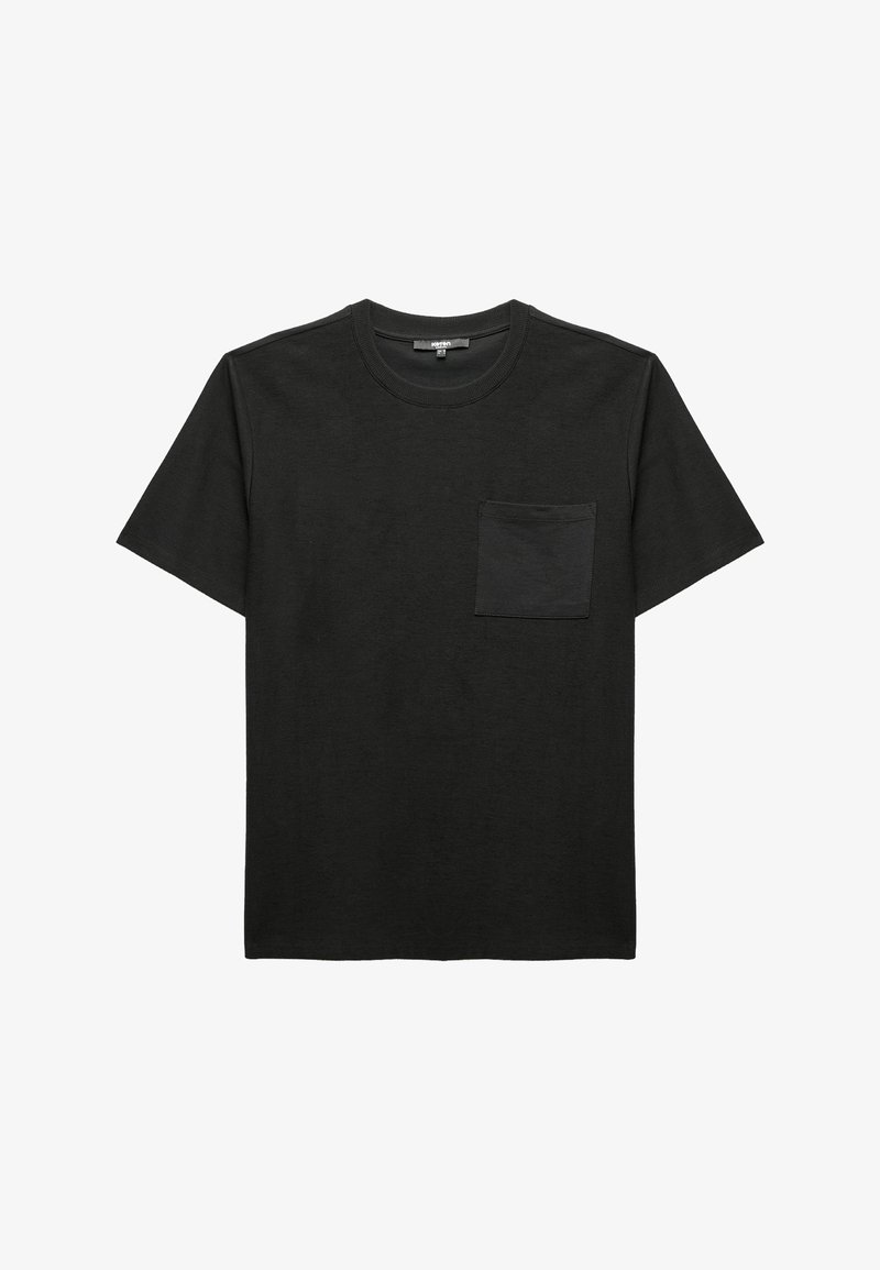 Sort bomulds t-shirt med rund hals, korte ærmer og en enkelt brystlomme. Blød, glat tekstur og minimalistisk design.