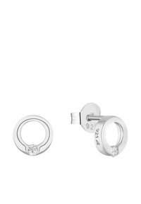 Silverörhängen med cirkeldesign som har en liten inbäddad klar sten, slät yta och stämplade med "925" för silverrenhet.