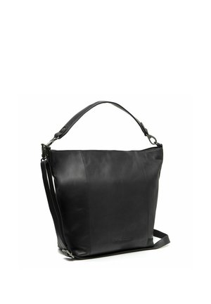 Borsa a mano in pelle nera con manico corto superiore e tracolla lunga regolabile, forma rettangolare morbida e dettagli di cuciture sottili.