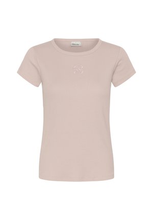 Vaaleanbeige, ribbineulottu lyhythihainen t-paita, jossa pyöreä kaula-aukko ja hillitty brodeerattu logo rinnan keskellä.