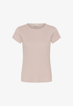 Tricou scurt cu mâneci scurte, bej deschis, cu dungi, cu decolteu rotund și logo subtil brodat în centru pe piept.