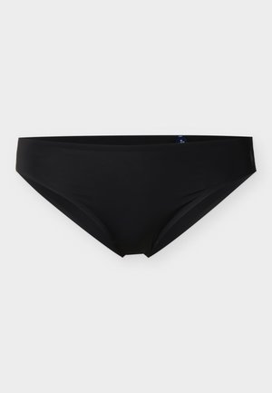 Culotte bikini noire sans coutures posée à plat sur un fond blanc, montrant le devant et la texture lisse du tissu.