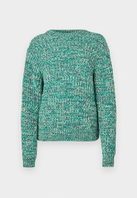 Grüner Strickpullover mit langen Ärmeln, der ein strukturiertes Streifenmuster aufweist. Das Design umfasst einen runden Ausschnitt und gerippte Bündchen.