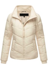Veste matelassée couleur crème avec un col haut, fermeture zippée, quilting en chevron et détail de logo sur la manche. Texture douce et lisse.