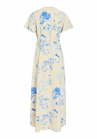 Robe midi de couleur crème avec manches courtes et motifs floraux bleus, dotée d'une taille cintrée et d'une jupe fluide.