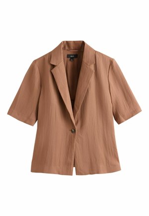 Brun kortærmet blazer med enkelt knaplukning, hakkede revers og let struktureret stof, vist på en hvid baggrund.