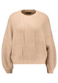 Pull beige en tricot avec un col rond, des épaules tombantes et des poignets côtelés. La texture est épaisse avec une coupe ample et un aspect doux.