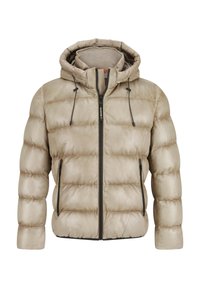 Beige Steppjacke mit Kapuze, horizontal gepolstertem Design, Frontreißverschluss, verstellbaren Kordeln und seitlichen Reißverschlusstaschen.
