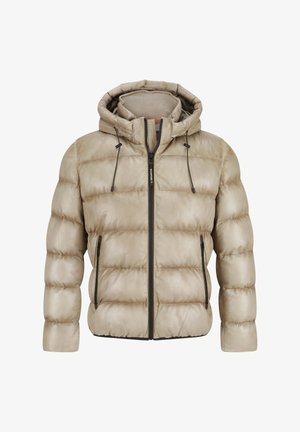 Beige Steppjacke mit Kapuze, horizontal gepolstertem Design, Frontreißverschluss, verstellbaren Kordeln und seitlichen Reißverschlusstaschen.