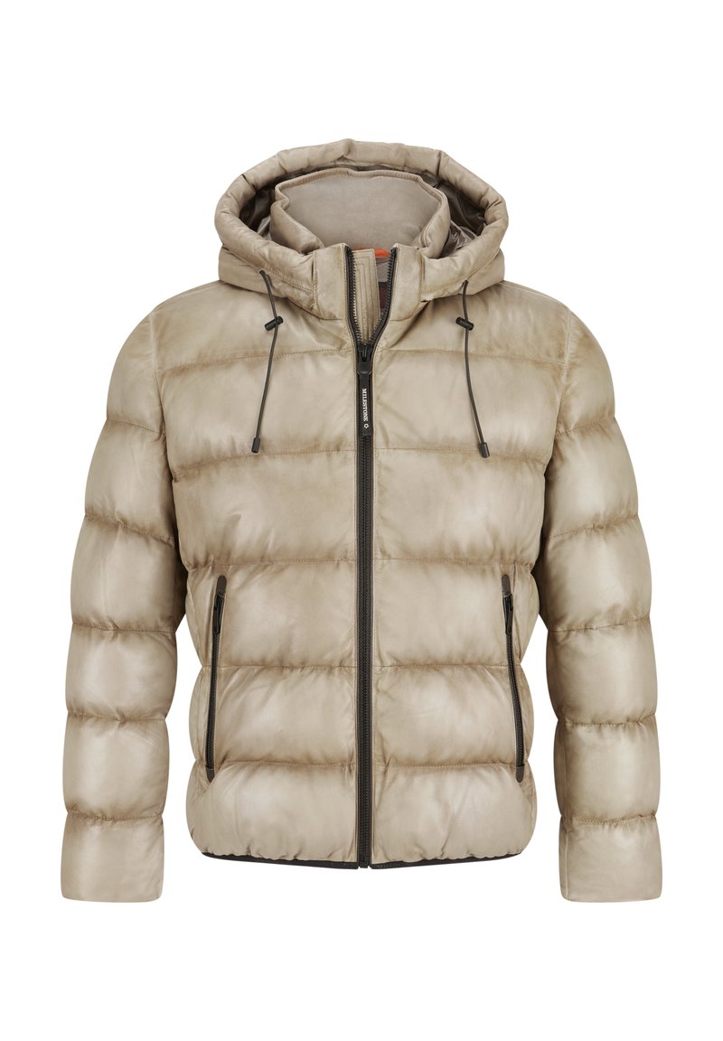Beige Steppjacke mit Kapuze, horizontal gepolstertem Design, Frontreißverschluss, verstellbaren Kordeln und seitlichen Reißverschlusstaschen.
