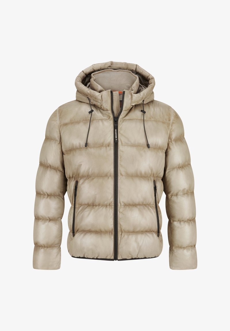 Beige Steppjacke mit Kapuze, horizontal gepolstertem Design, Frontreißverschluss, verstellbaren Kordeln und seitlichen Reißverschlusstaschen.