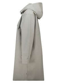 Light grey waterproof coat with a hood, straight cut, and long sleeves. Features buttoned cuffs and smooth, matte texture.