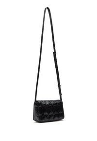 Borsa a tracolla nera con superficie trapuntata, forma rettangolare, tracolla regolabile e finitura in pelle liscia.