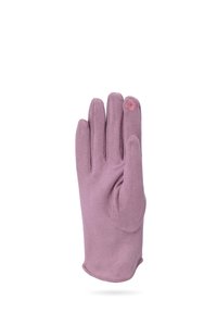 Guanto in cotone viola con cinque dita, texture liscia e un piccolo dettaglio ricamato a forma di fiore sull'indice.
