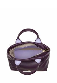Borsa a tracolla in pelle viola con scomparto interno, zipper dorato e dettagli in viola chiaro. Presenta doppi manici per un facile trasporto.
