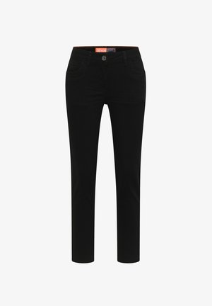 Schwarze Jeans aus Denim, mit slim Fit, fünf Taschen, und einem Knopfverschluss mit sichtbarem Taillenschild.