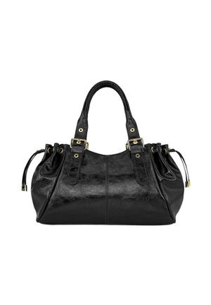 Sac à main en cuir noir avec finition texturée, double poignées supérieures, quincaillerie dorée et côtés plissés. Comprend un compartiment principal spacieux.