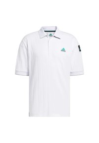 Valkoinen poolopaita, joka on valmistettu teksturoidusta kankaasta, lyhythihaisilla, kauluksella ja turkoosilla Adidas-logolla rinnassa.