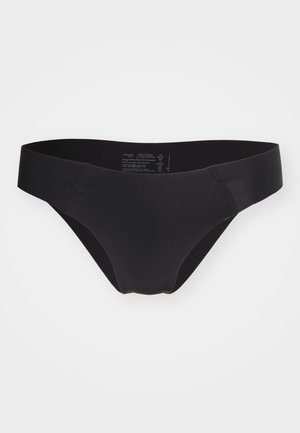 Slip nero realizzato in tessuto liscio e elasticizzato, con una fascia in vita ampia. Presenta cuciture minime e senza etichette visibili, design pulito e senza cuciture.