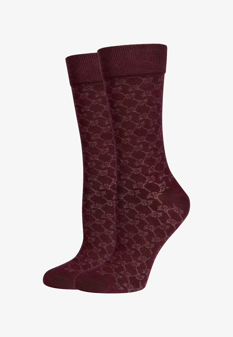 Calze bordeaux con motivo, caratterizzate da una finitura testurizzata, con un bordo a coste e un design geometrico su tutto il corpo.