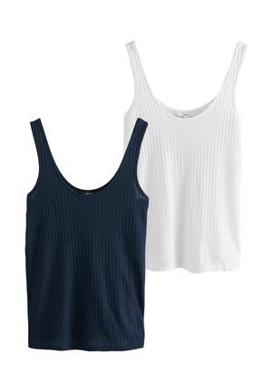 To ribstrikkede tanktops, en mørkeblå og en hvid, med rund halsudskæring og ærmeløse designs på en hvid baggrund.