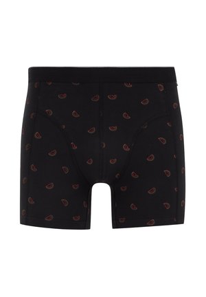 Črne bokserice iz mehkega dela s ponavljajočim se motivom majhnih rdečih rezin lubenice. Elastični pas za udobje.