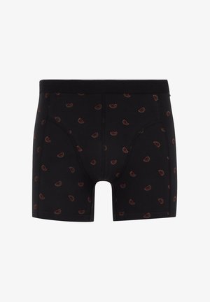 Črne bokserice iz mehkega dela s ponavljajočim se motivom majhnih rdečih rezin lubenice. Elastični pas za udobje.