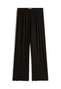 Zwarte wijde broek van ribbelstof. Heeft een kantafwerking aan de zoom en een elastische tailleband voor comfort.