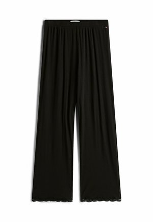 Zwarte wijde broek van ribbelstof. Heeft een kantafwerking aan de zoom en een elastische tailleband voor comfort.