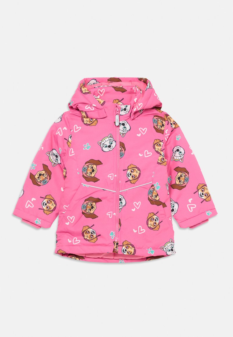Veste à capuche rose ornée de visages de chiens de dessin animé et de cœurs, avec une fermeture éclair à l'avant et des poignets élastiques pour un ajustement et une chaleur personnalisables.